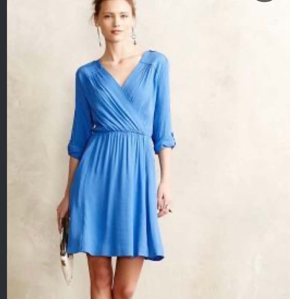 Anthropologie Maeve Lene Crepe Faux Wrap Mini Dress Size Large Blue